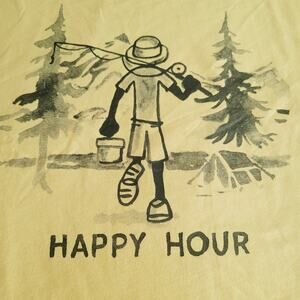 Life Is Good Shirt Mens Large Yellow Happy Hour Fishing Tent Forest Smooth Tee